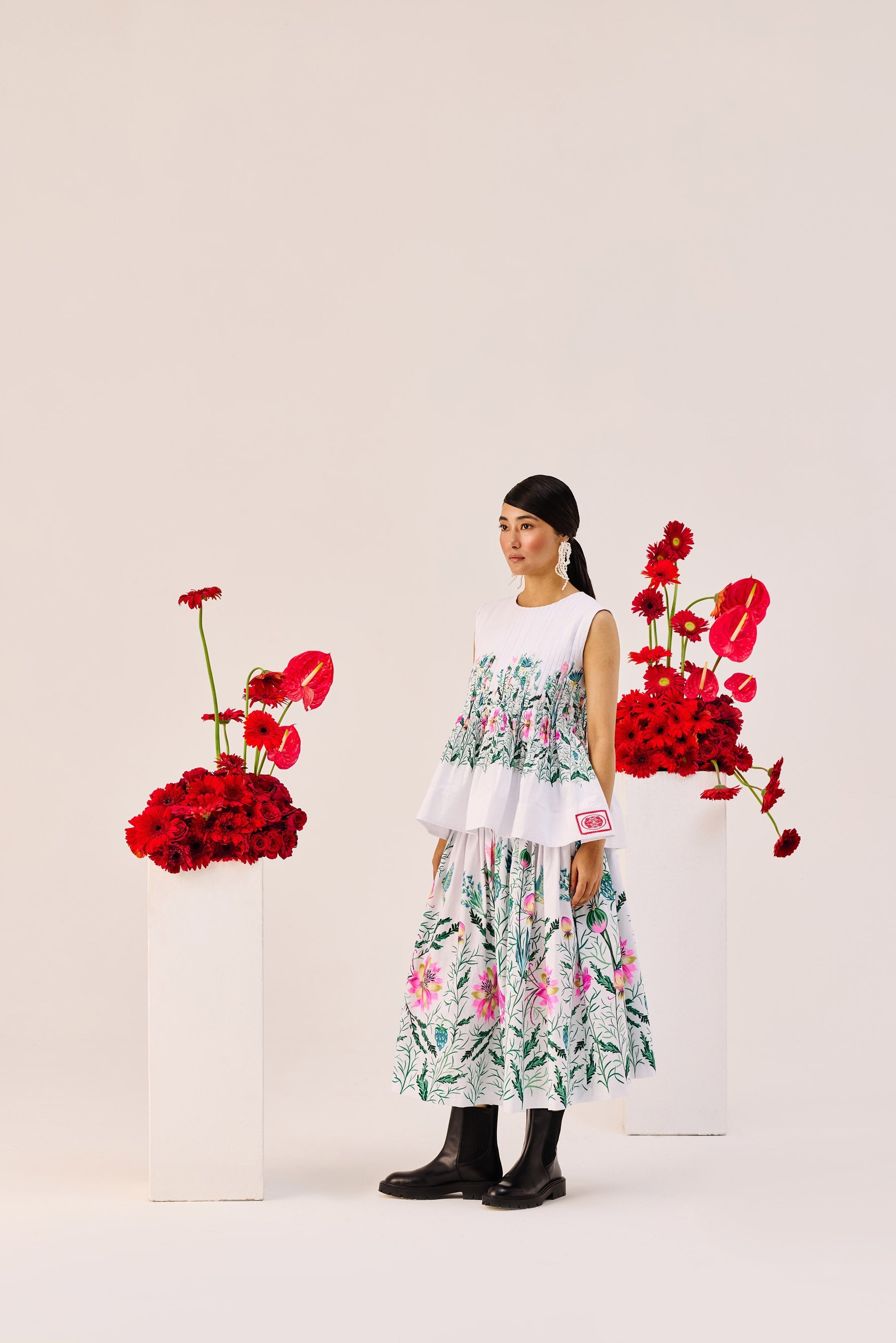 White Floral Print Cotton Midi Skirt