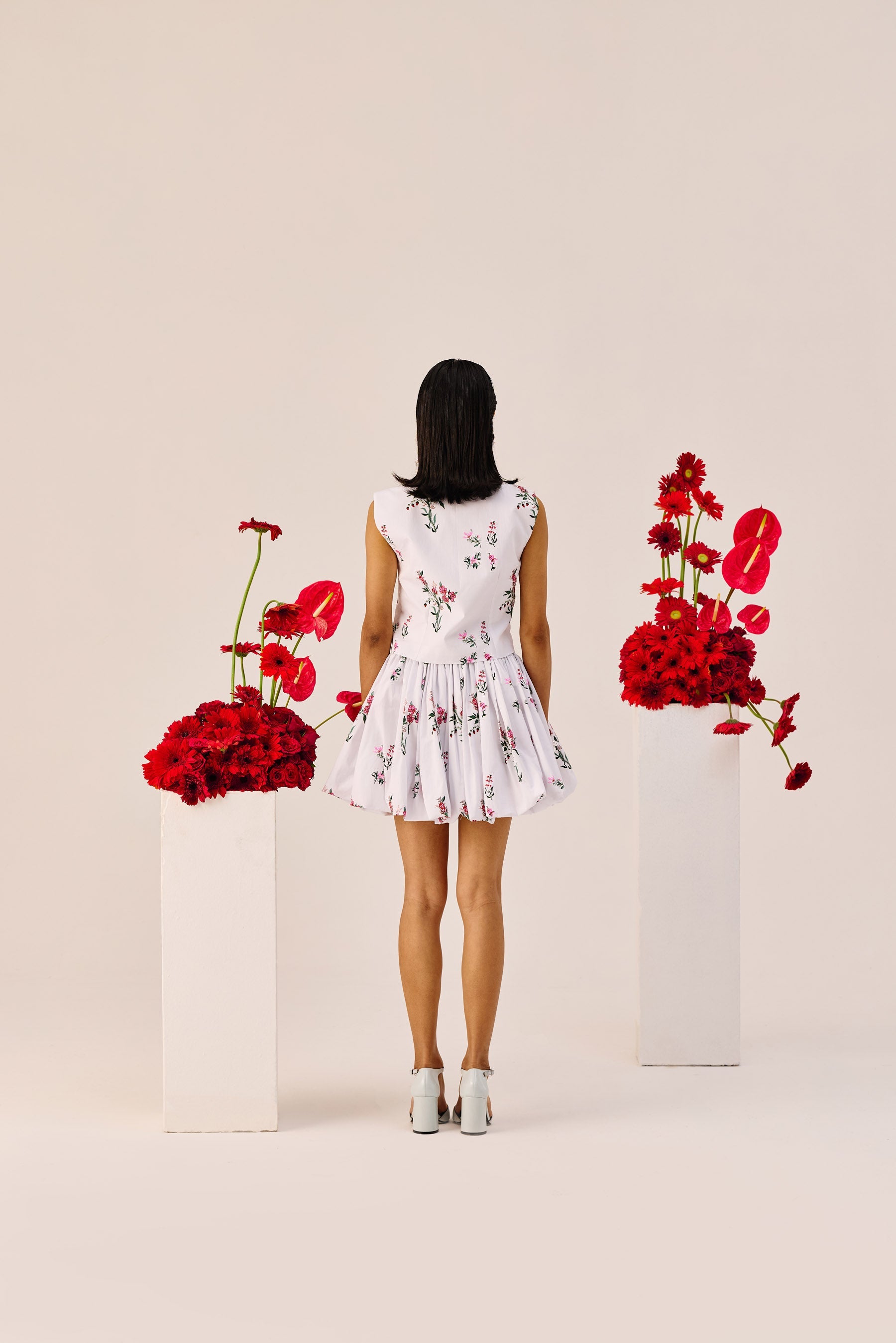 White Floral Gathered Mini Skirt