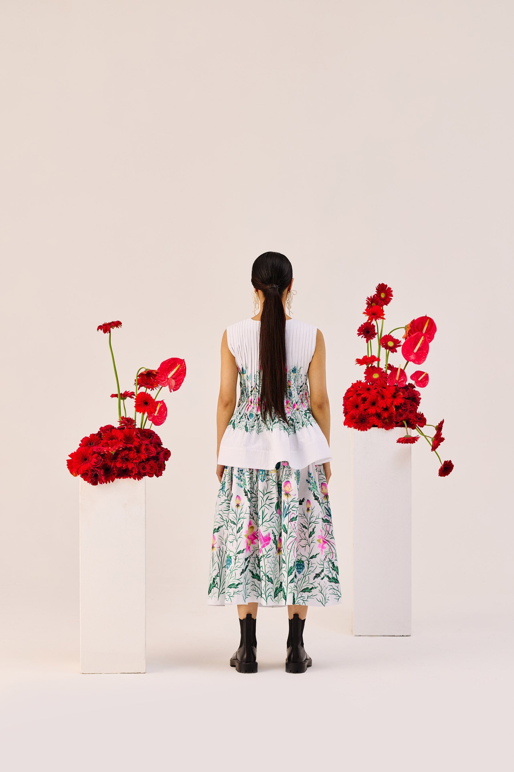 White Floral Print Cotton Midi Skirt