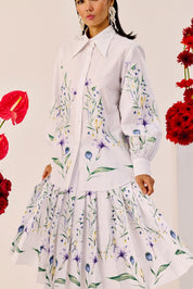 White Floral Print Pleated Cotton Skirt