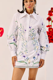 White Floral Print Cotton Shirt
