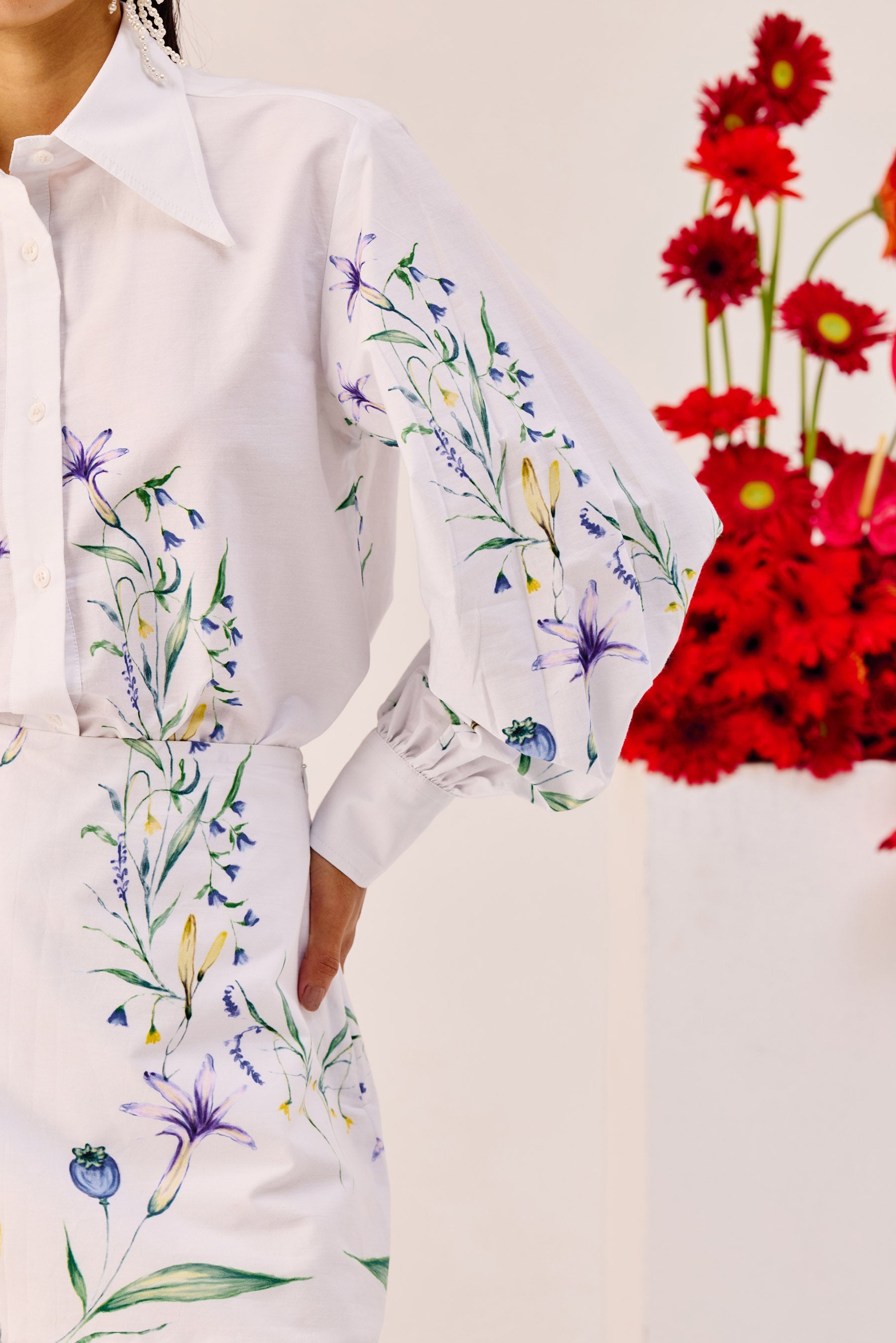 White Floral Print Cotton Shirt