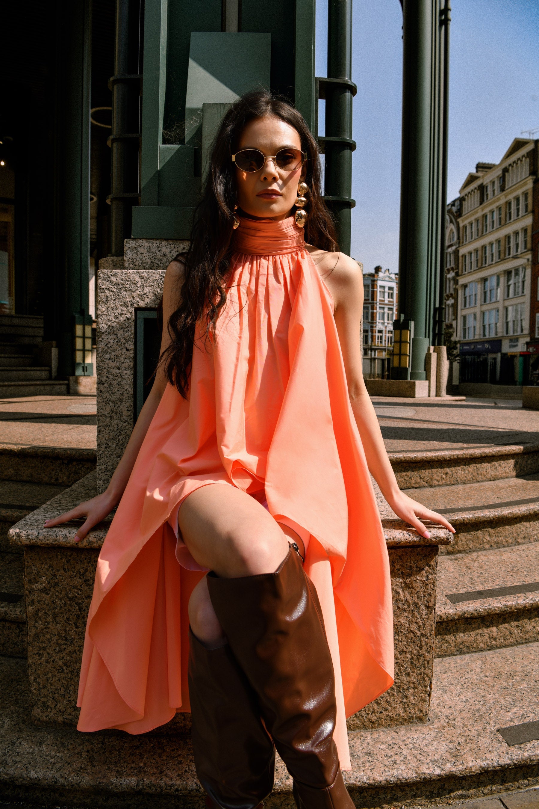 Peach Draped High Low Cotton Top With White Shorts set