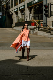 Peach Draped High Low Cotton Top With White Shorts set