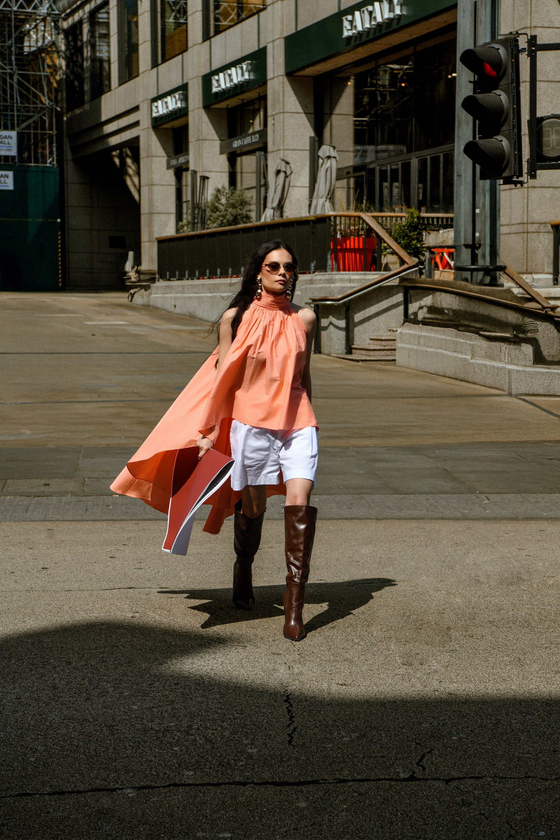 Peach Draped High Low Cotton Top With White Shorts set