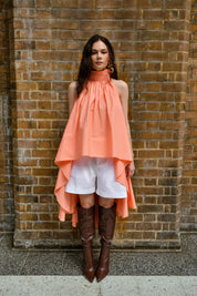 Peach Draped High Low Cotton Top With White Shorts set