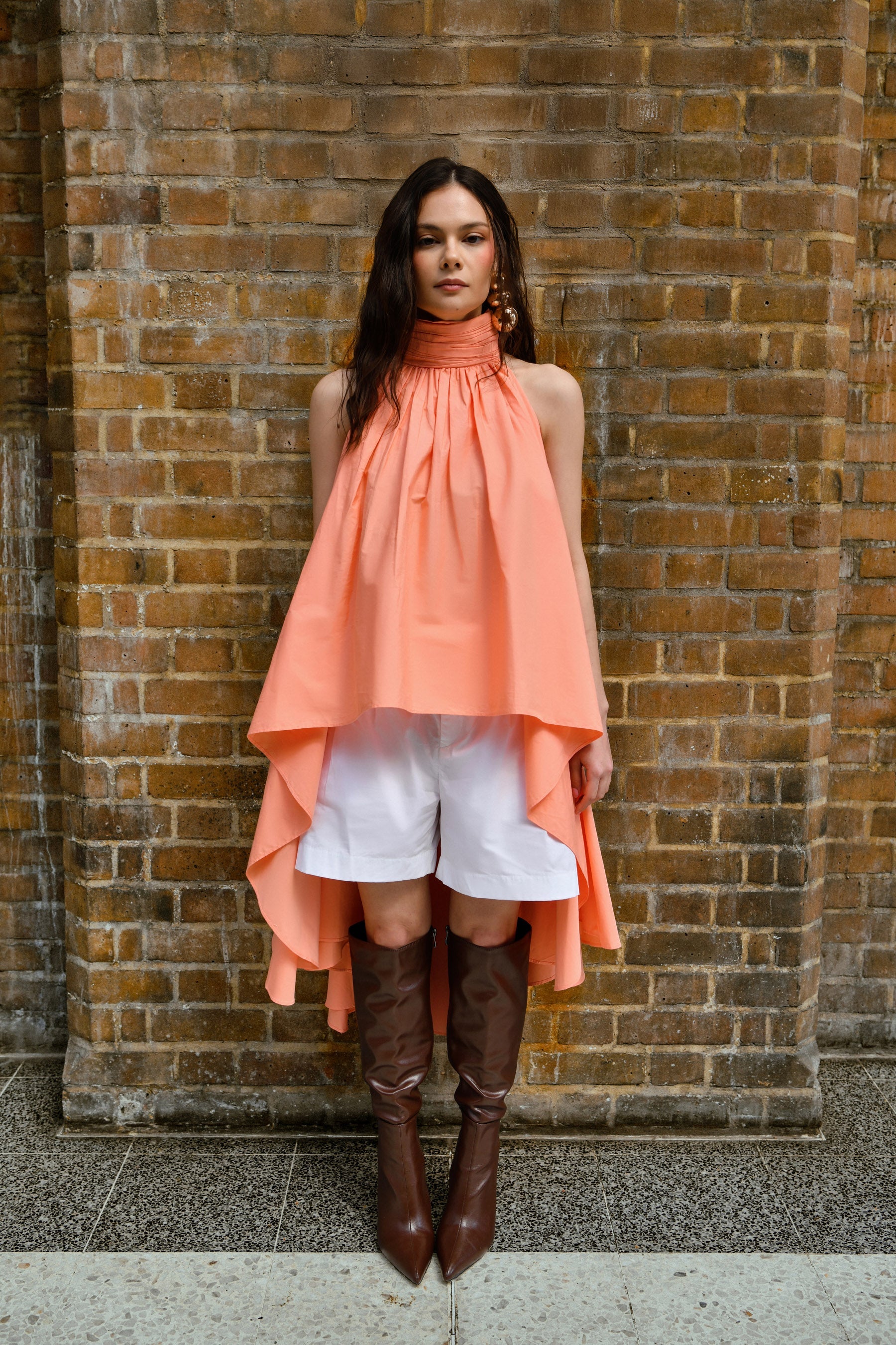 Peach Draped High Low Cotton Top With White Shorts set