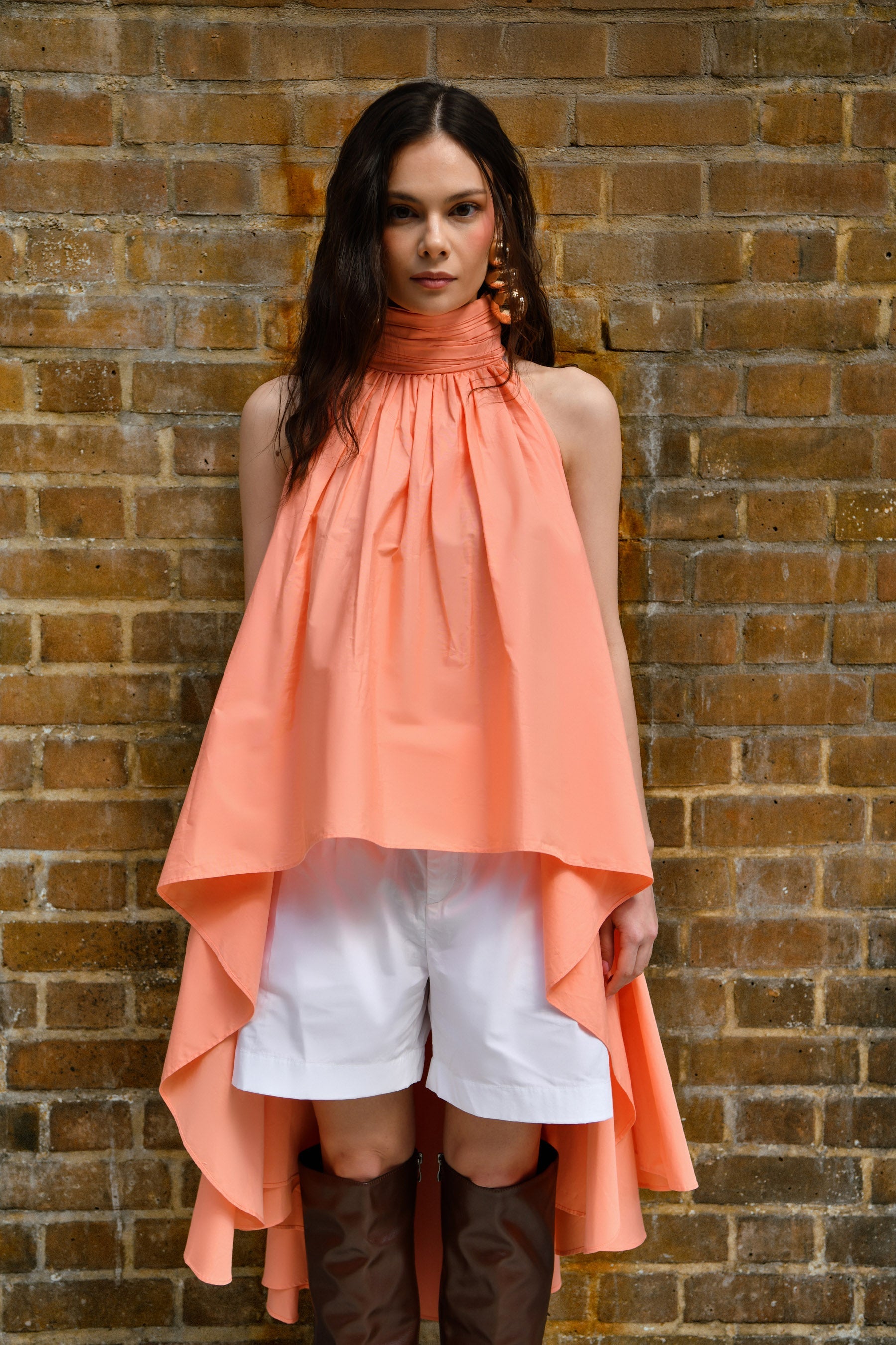 Peach Draped High Low Cotton Top With White Shorts set