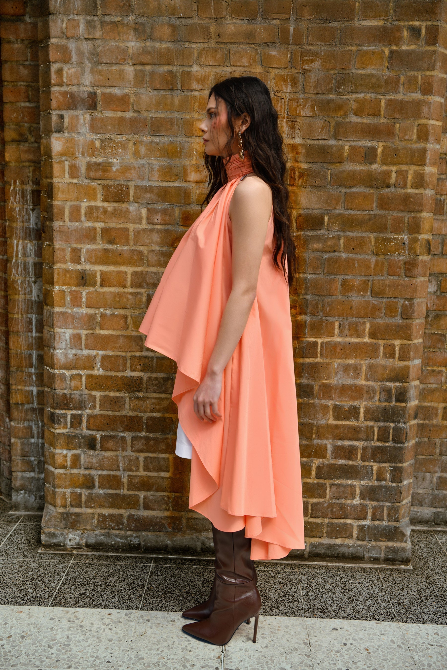 Peach Draped High Low Cotton Top With White Shorts set