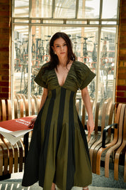 Olive & Moss Green Cotton Panel Midi Dress With Pleated Details