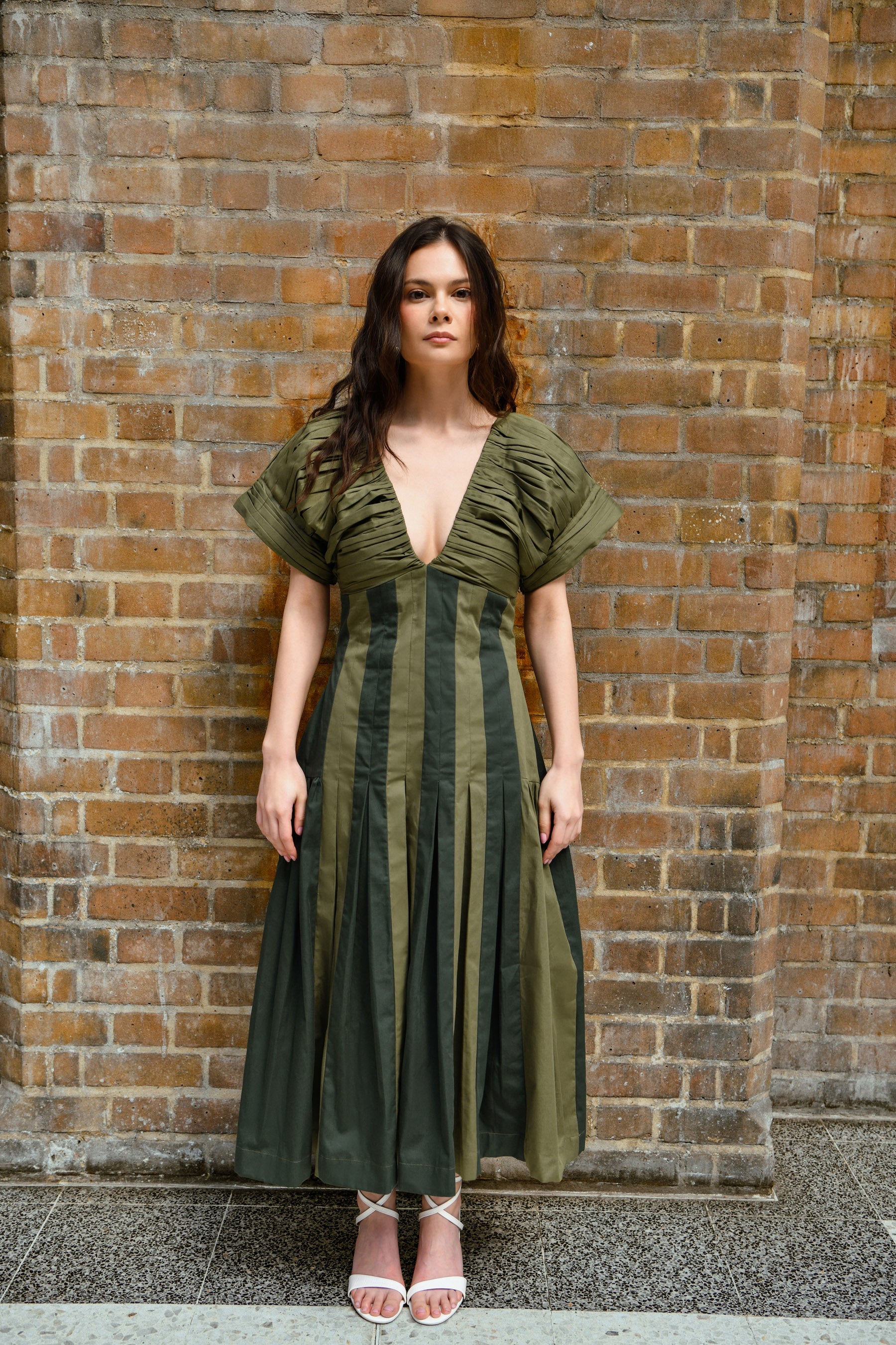 Olive & Moss Green Cotton Panel Midi Dress With Pleated Details