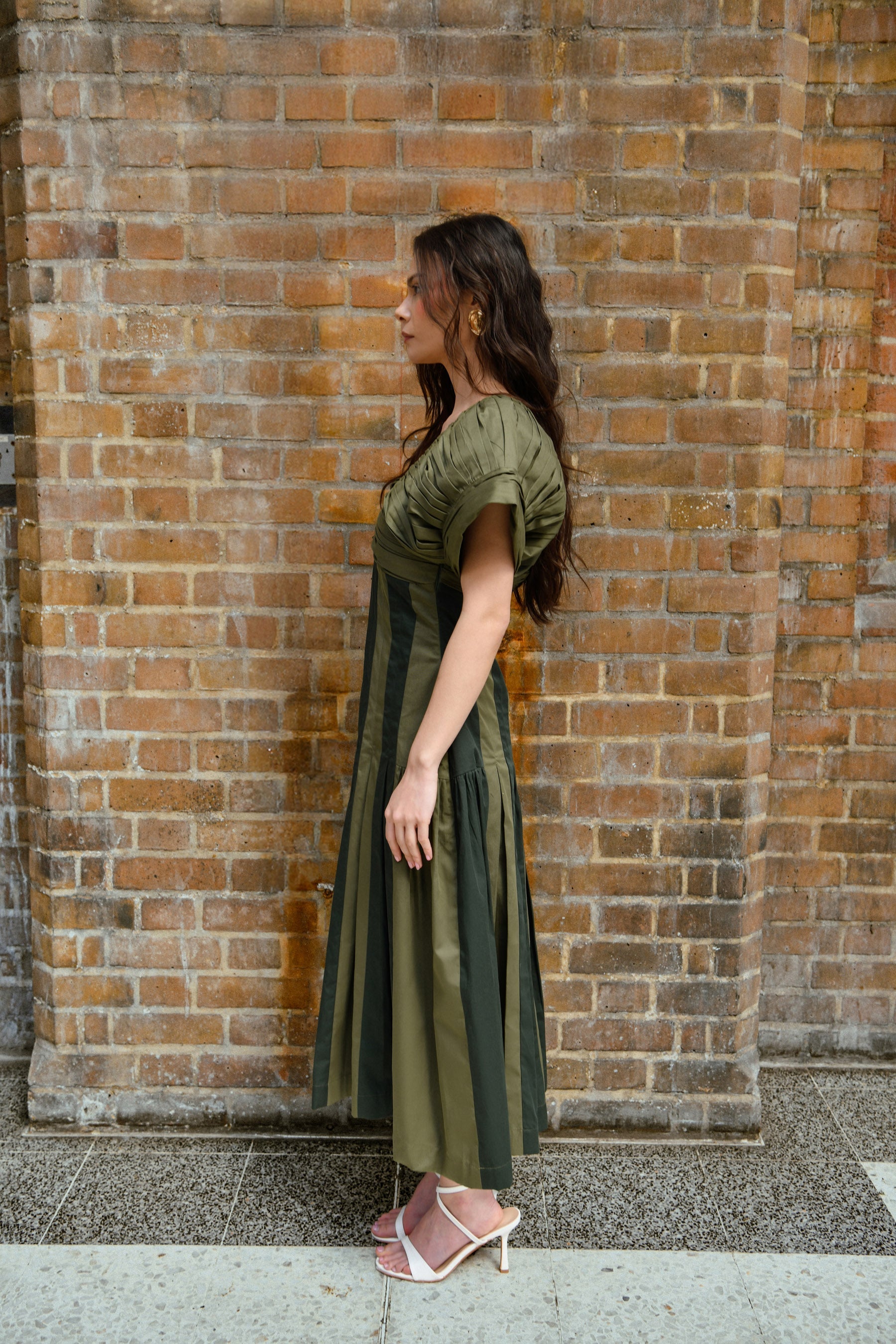 Olive & Moss Green Cotton Panel Midi Dress With Pleated Details