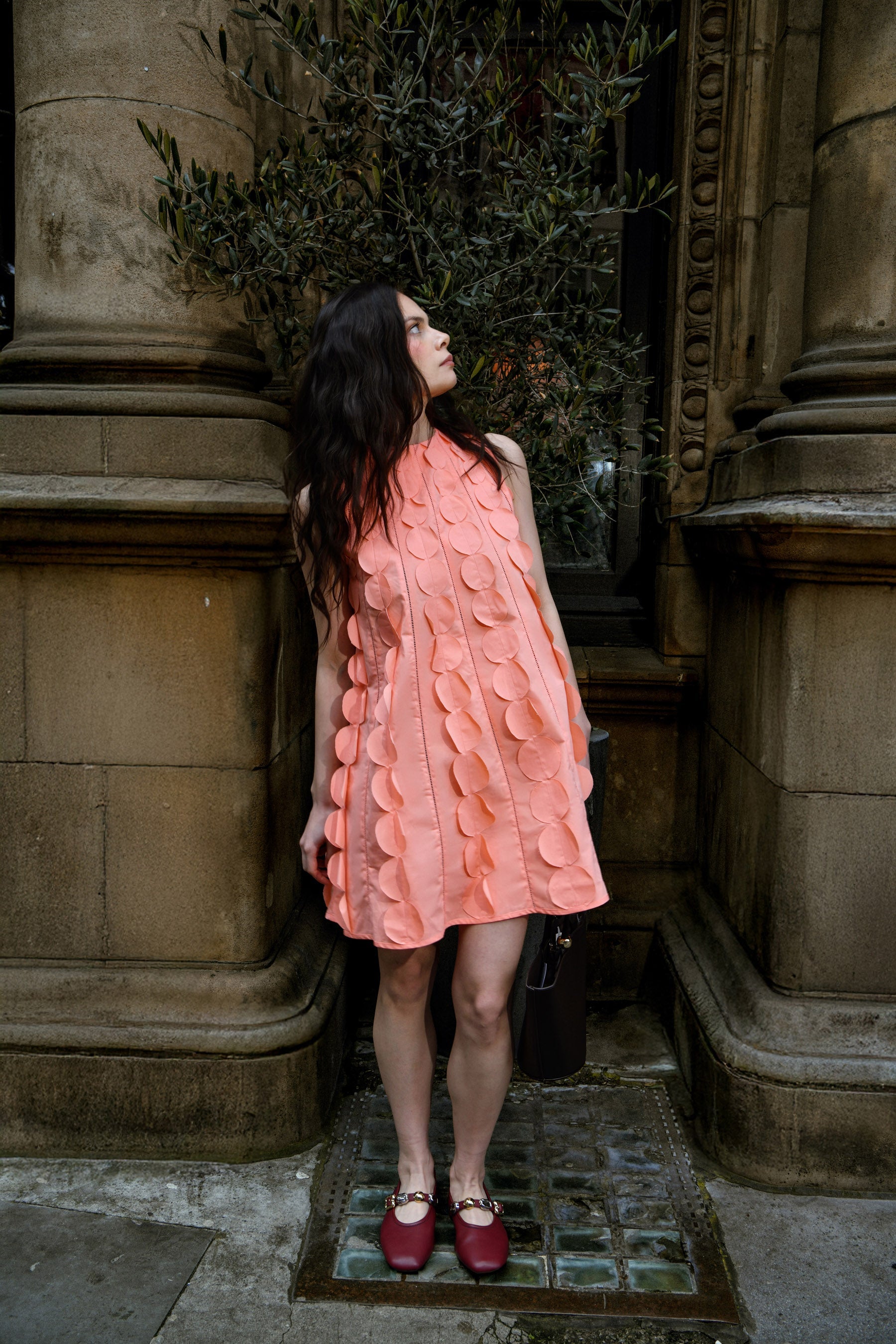 Peach 3D Appliqué A line Cotton Mini Dress