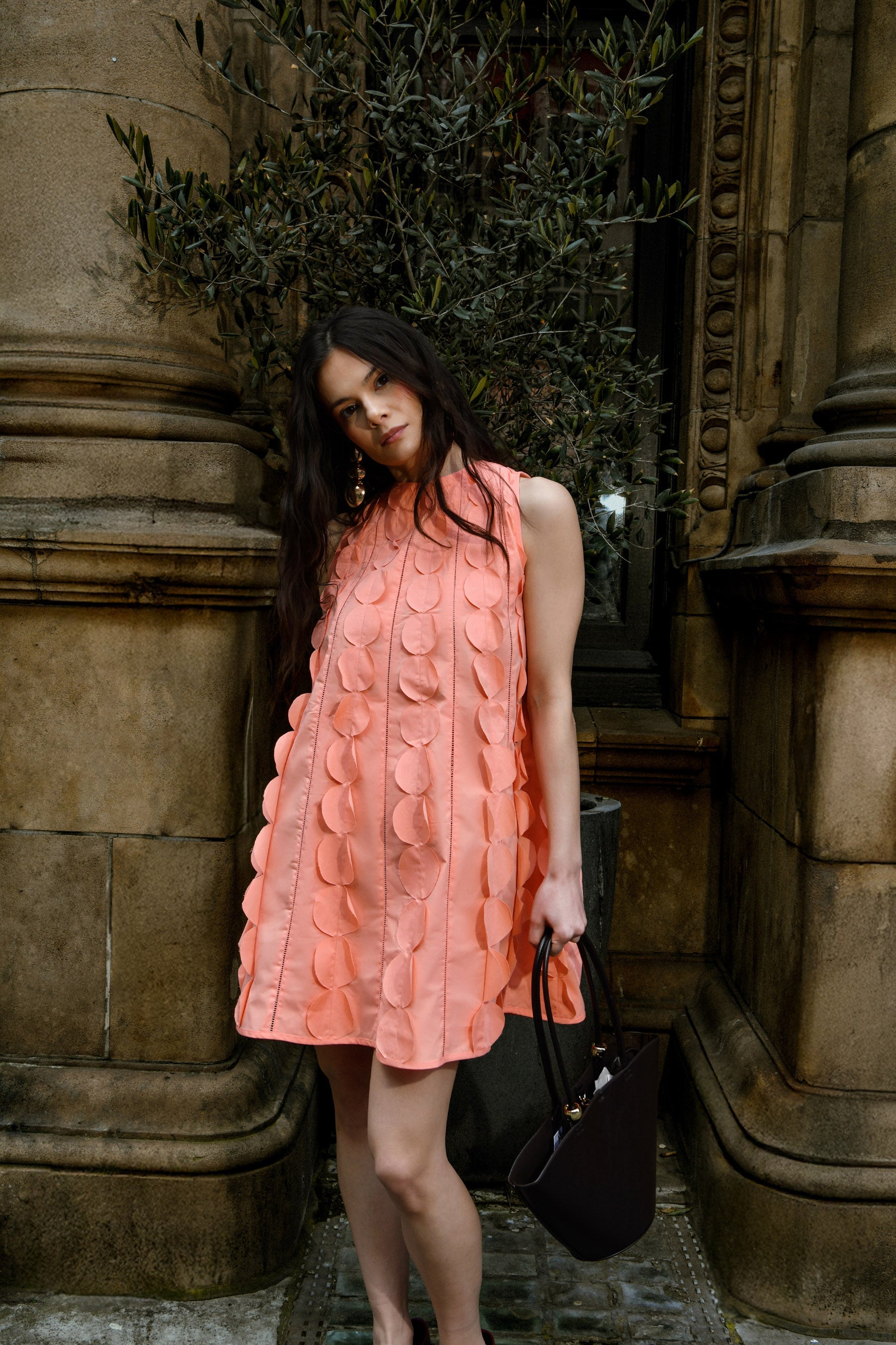 Peach 3D Appliqué A line Cotton Mini Dress