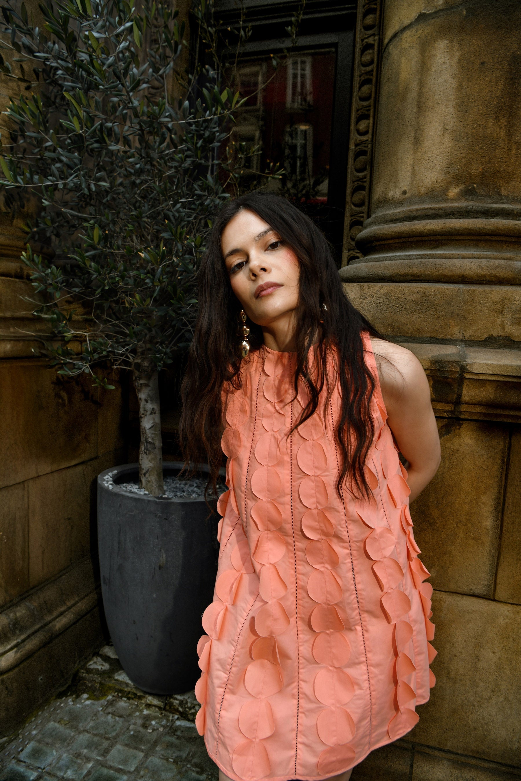 Peach 3D Appliqué A line Cotton Mini Dress