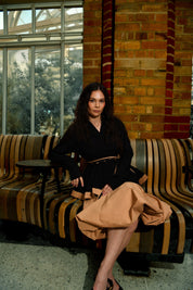 Black Belted Wrap Cotton Top With Beige Balloon Skirt