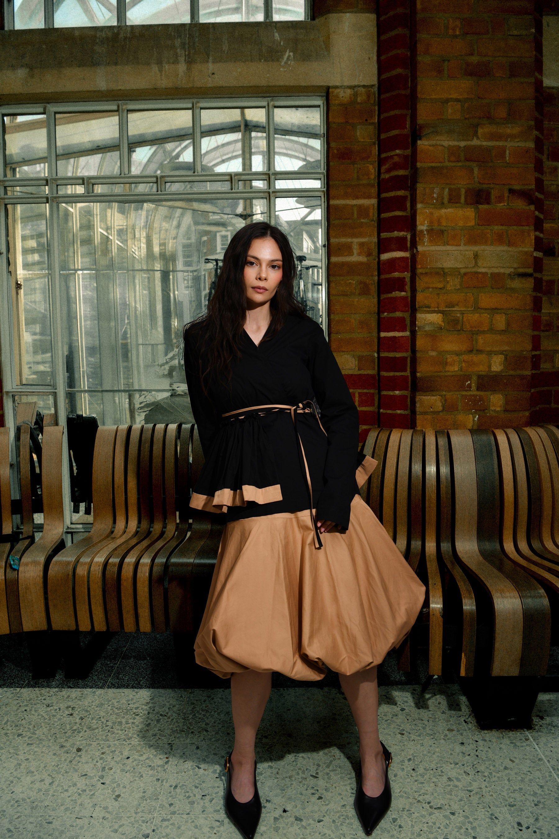 Black Belted Wrap Cotton Top With Beige Balloon Skirt