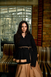 Black Belted Wrap Cotton Top With Beige Balloon Skirt