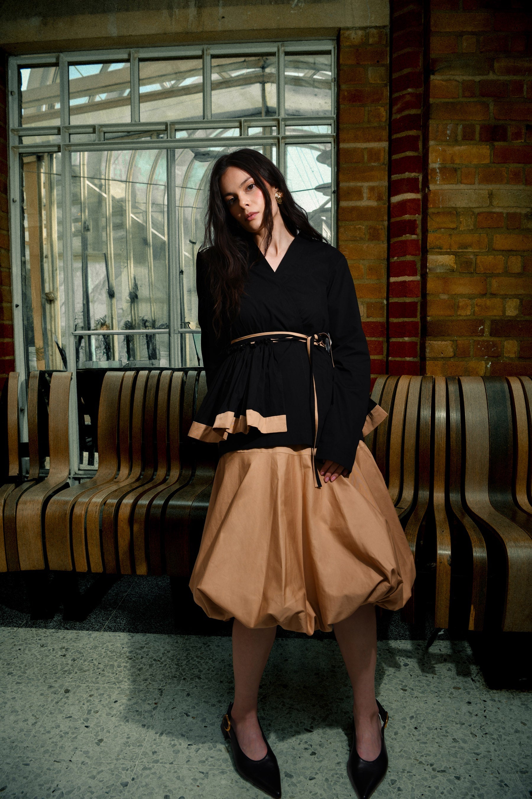 Black Belted Wrap Cotton Top With Beige Balloon Skirt