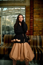 Black Belted Wrap Cotton Top With Beige Balloon Skirt