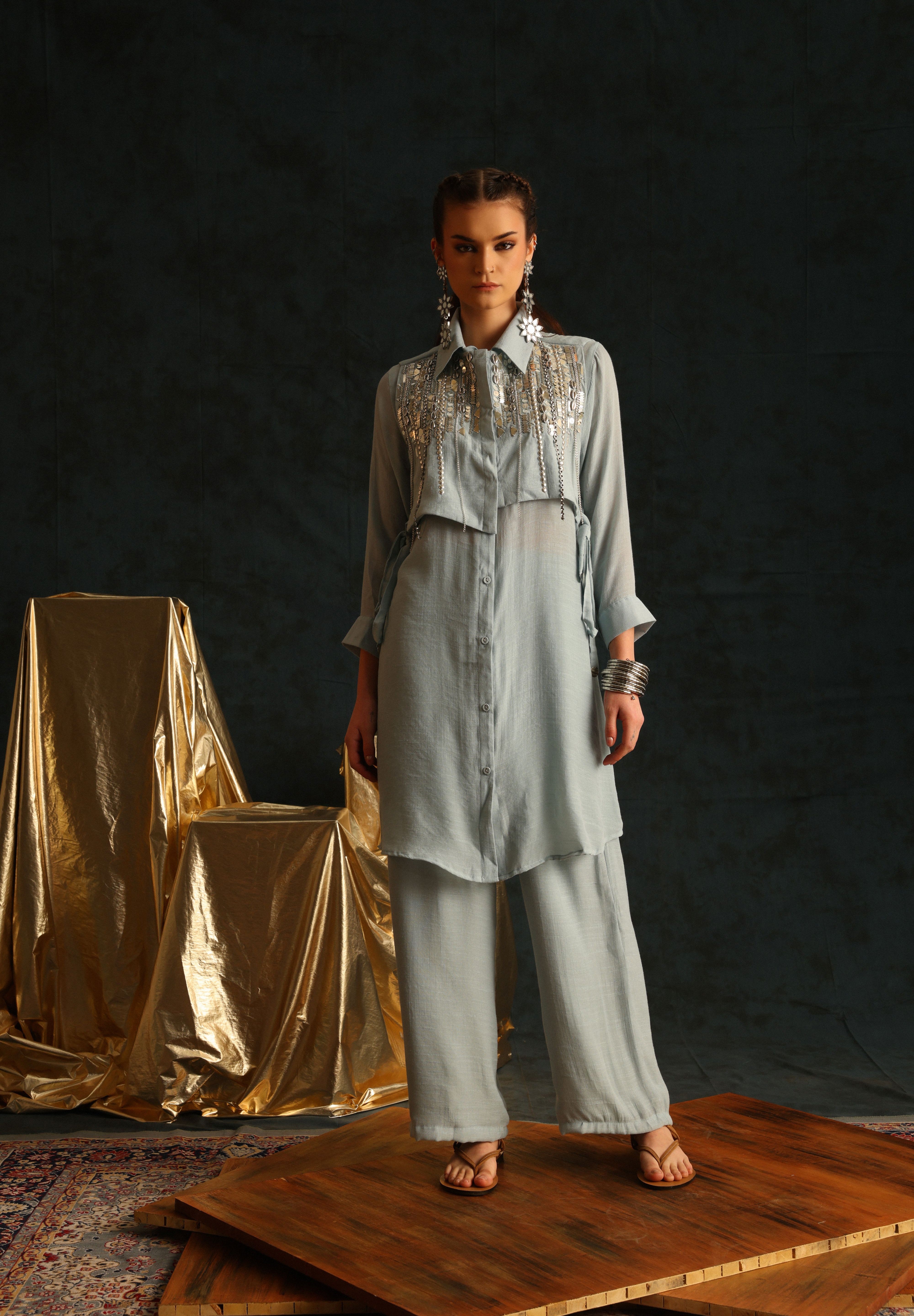 Long Shirt Set With A High Low Waistcoat