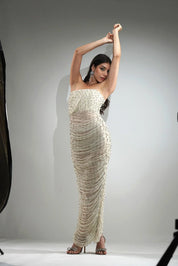 Delilah Off White Crystal Maxi Drape Dress