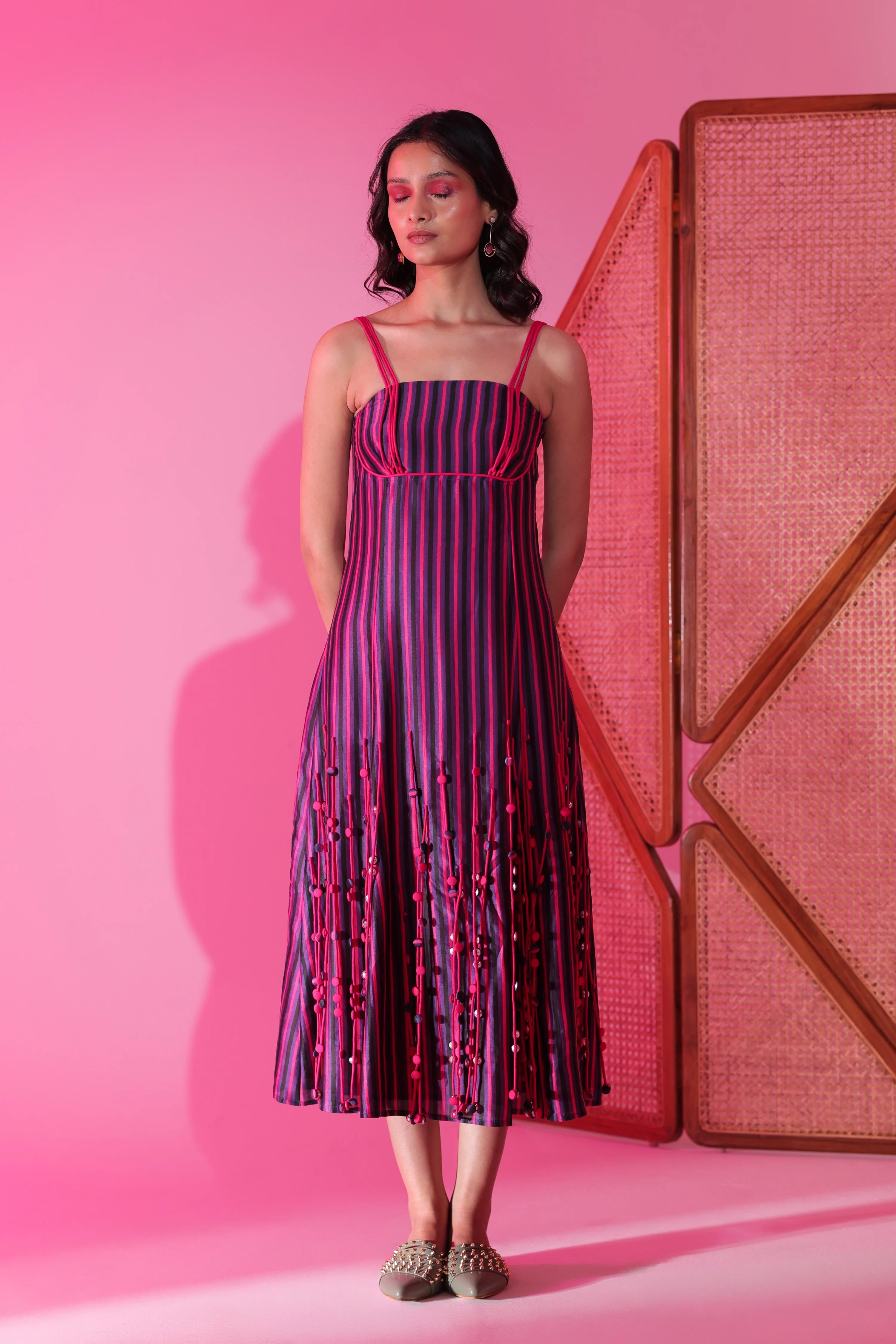Berry Stripe Tassel Midi Dress
