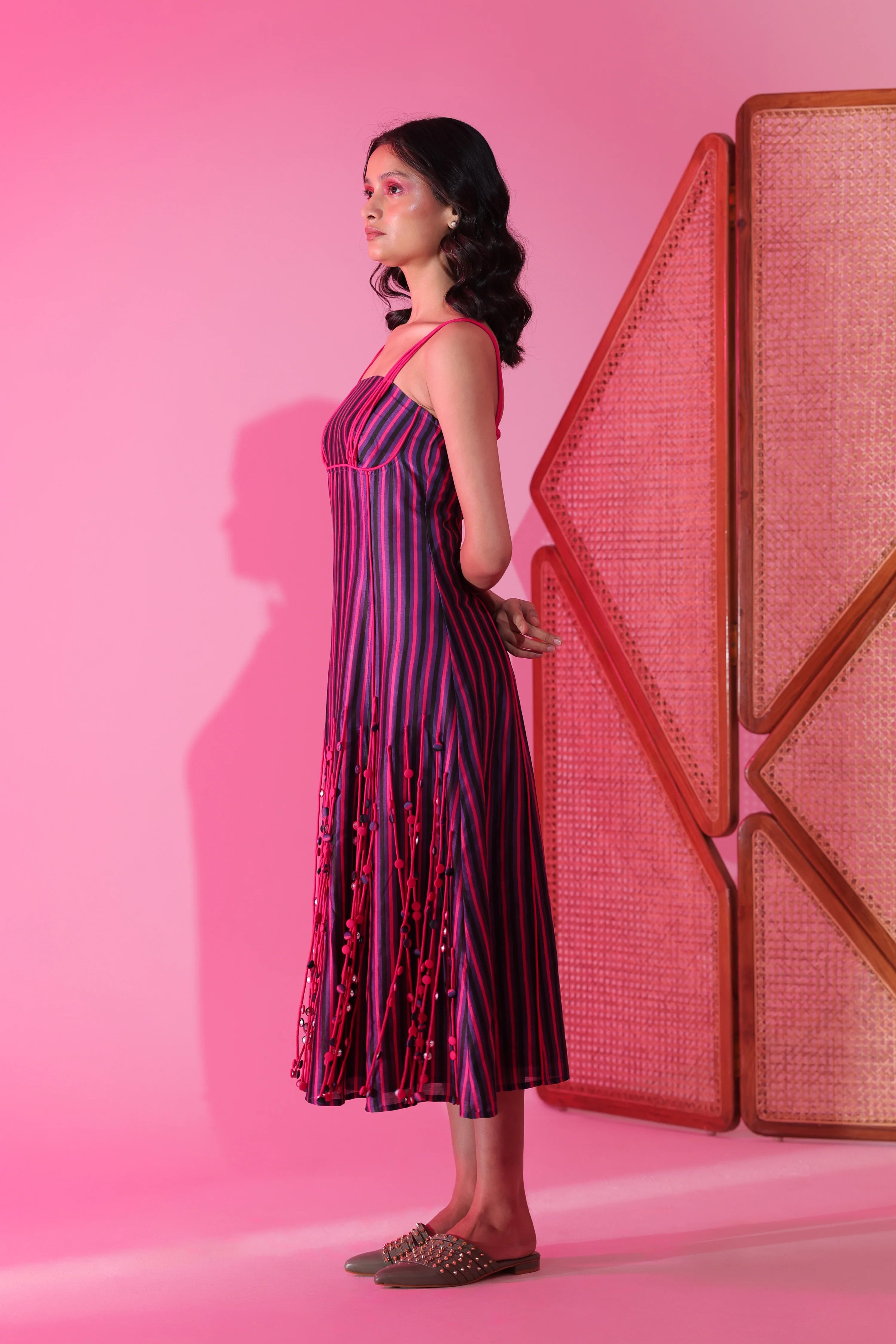 Berry Stripe Tassel Midi Dress
