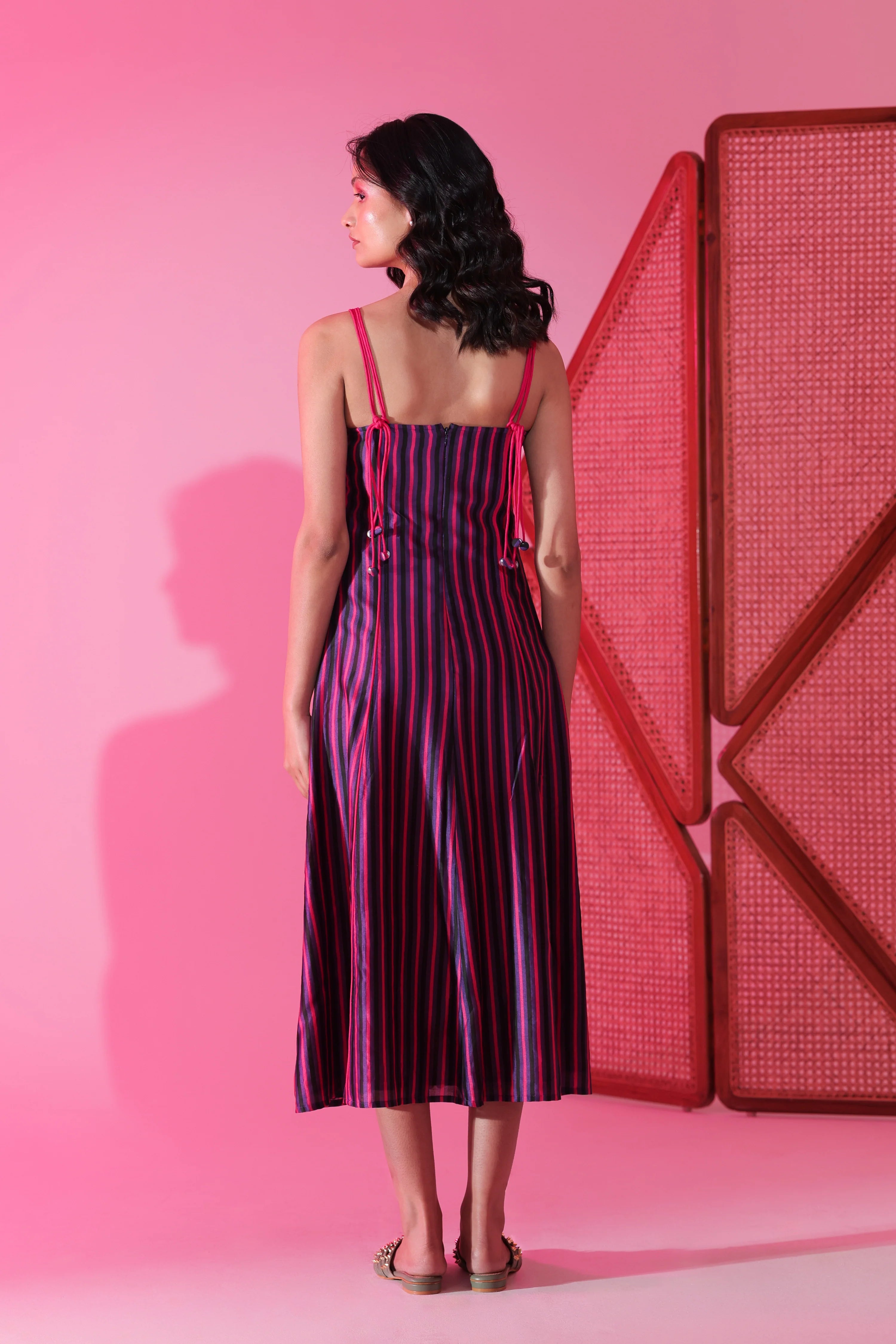 Berry Stripe Tassel Midi Dress