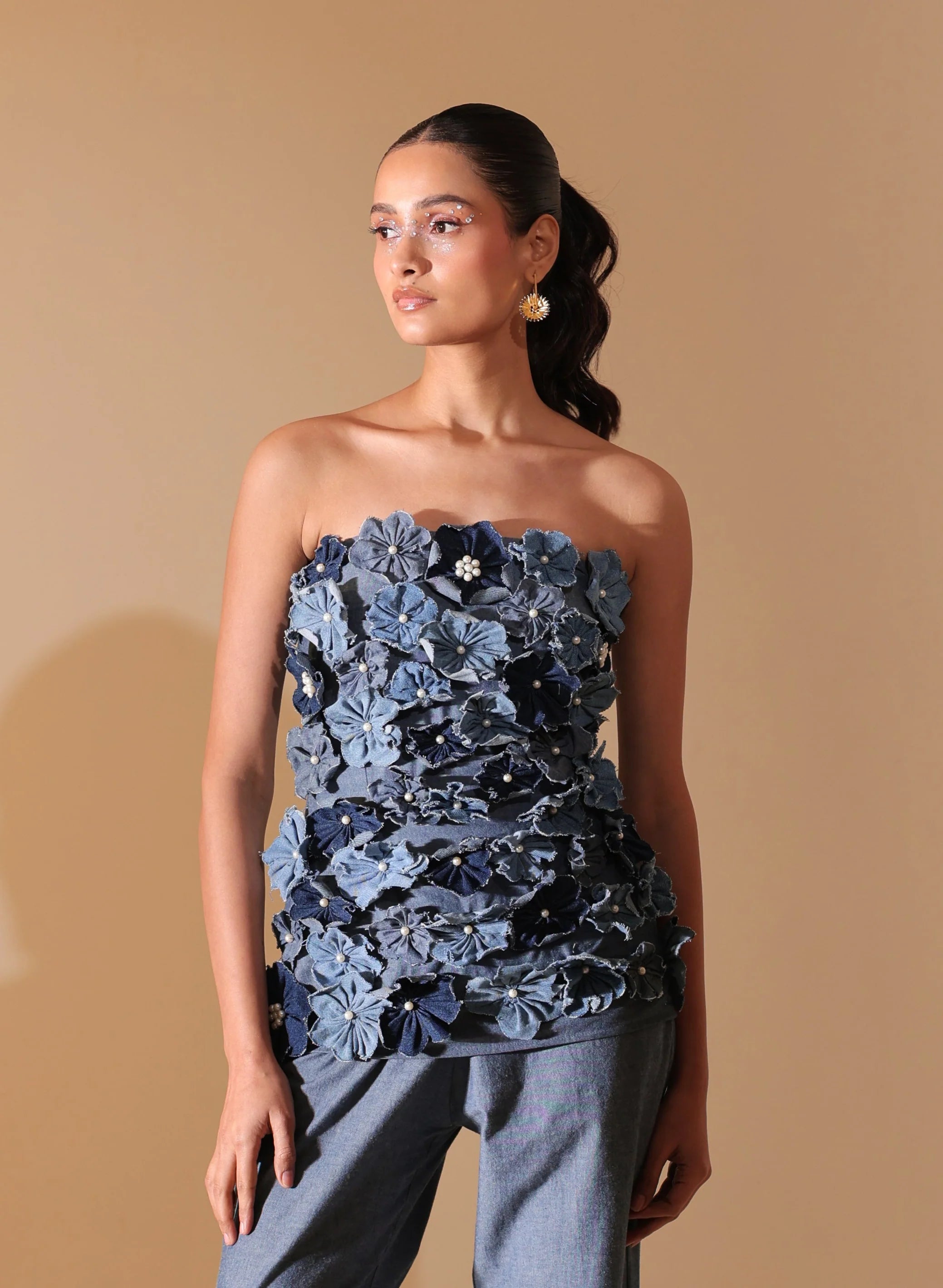 Denim Bloom Strapless Top