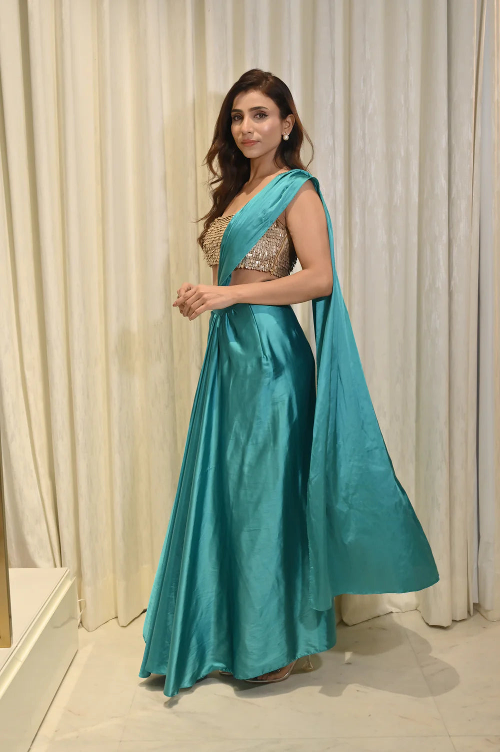 Diya Teal Pre-Draped Saree