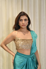 Diya Teal Pre-Draped Saree