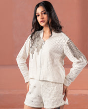 White Denim Embellished Jacket and Shorts