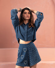 Dark Denim Crystal Crop Shirt and Shorts