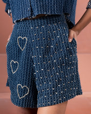 Dark Denim Crystal Crop Shirt and Shorts