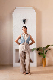 Taupe Cotton 3 Panel Denim Shirt with Pants