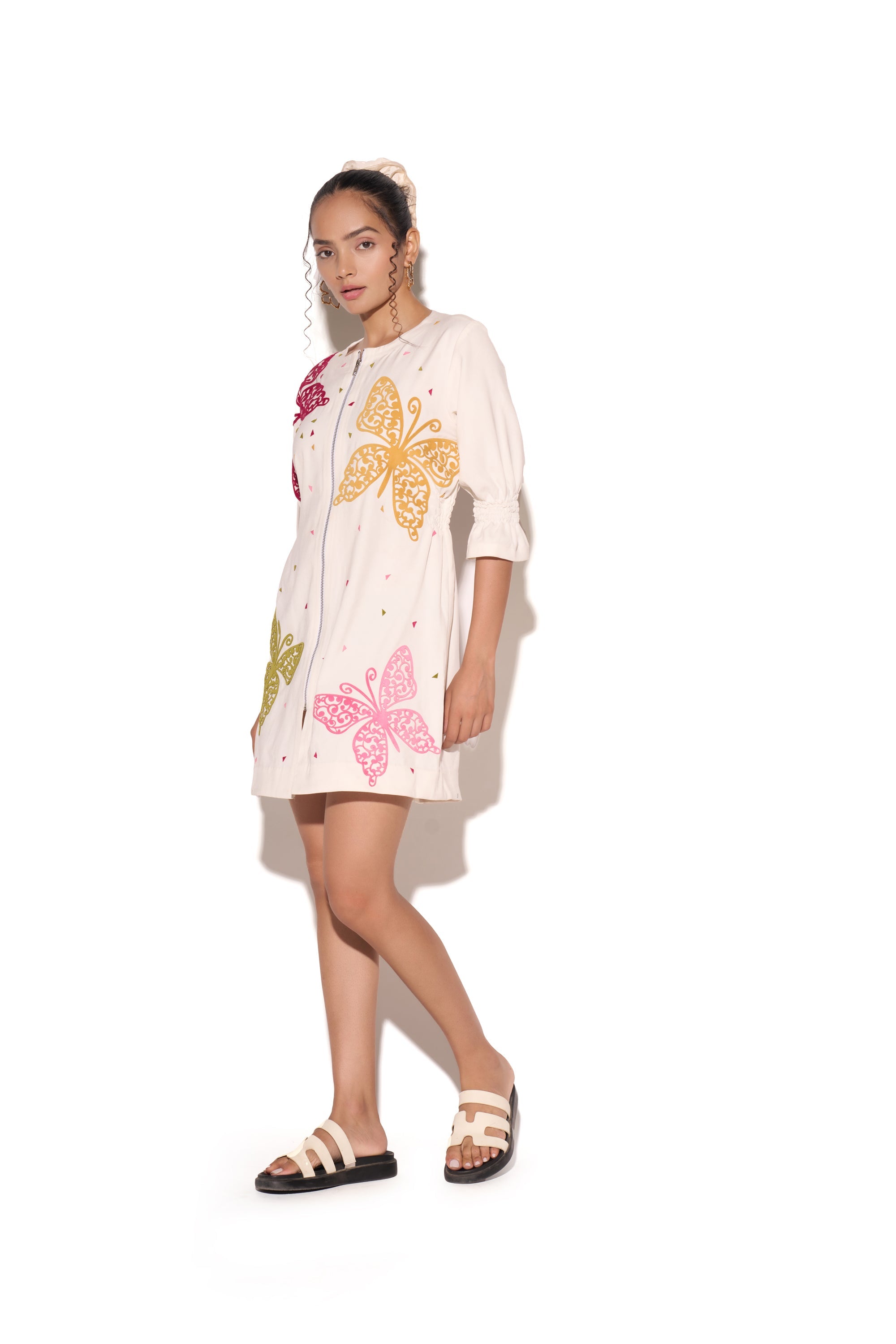 White Multicolour Butterfly Dress