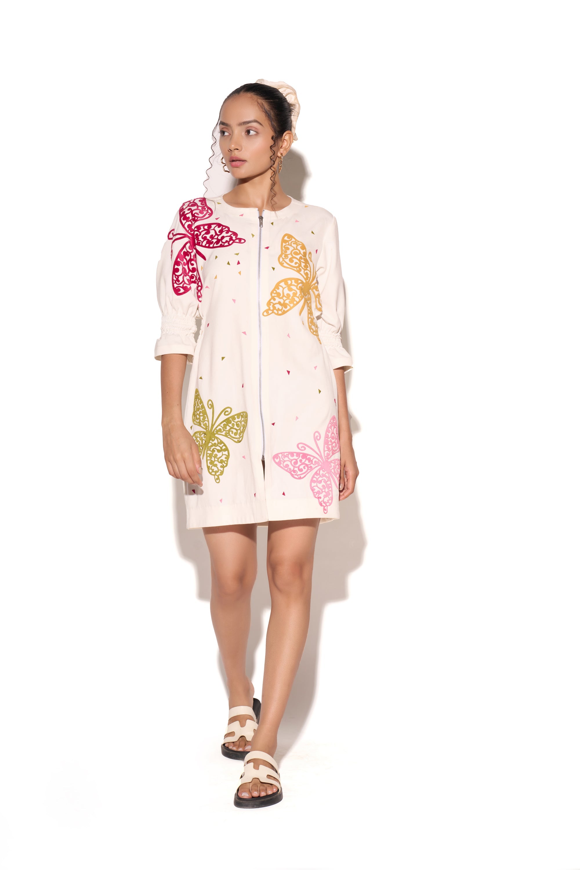 White Multicolour Butterfly Dress