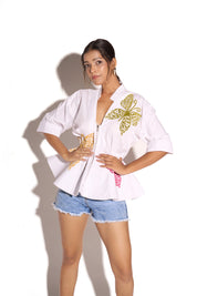 White Multicolour Butterfly Peplum Top