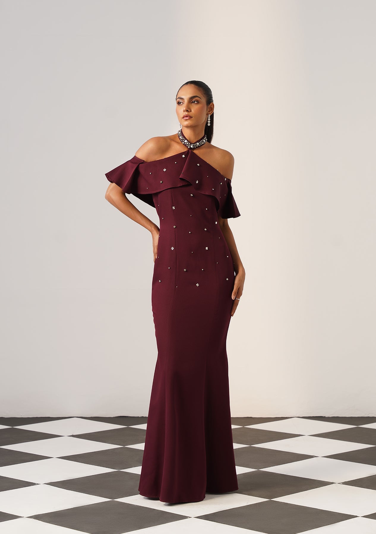 Elysia Rhinestone Gown Burgundy