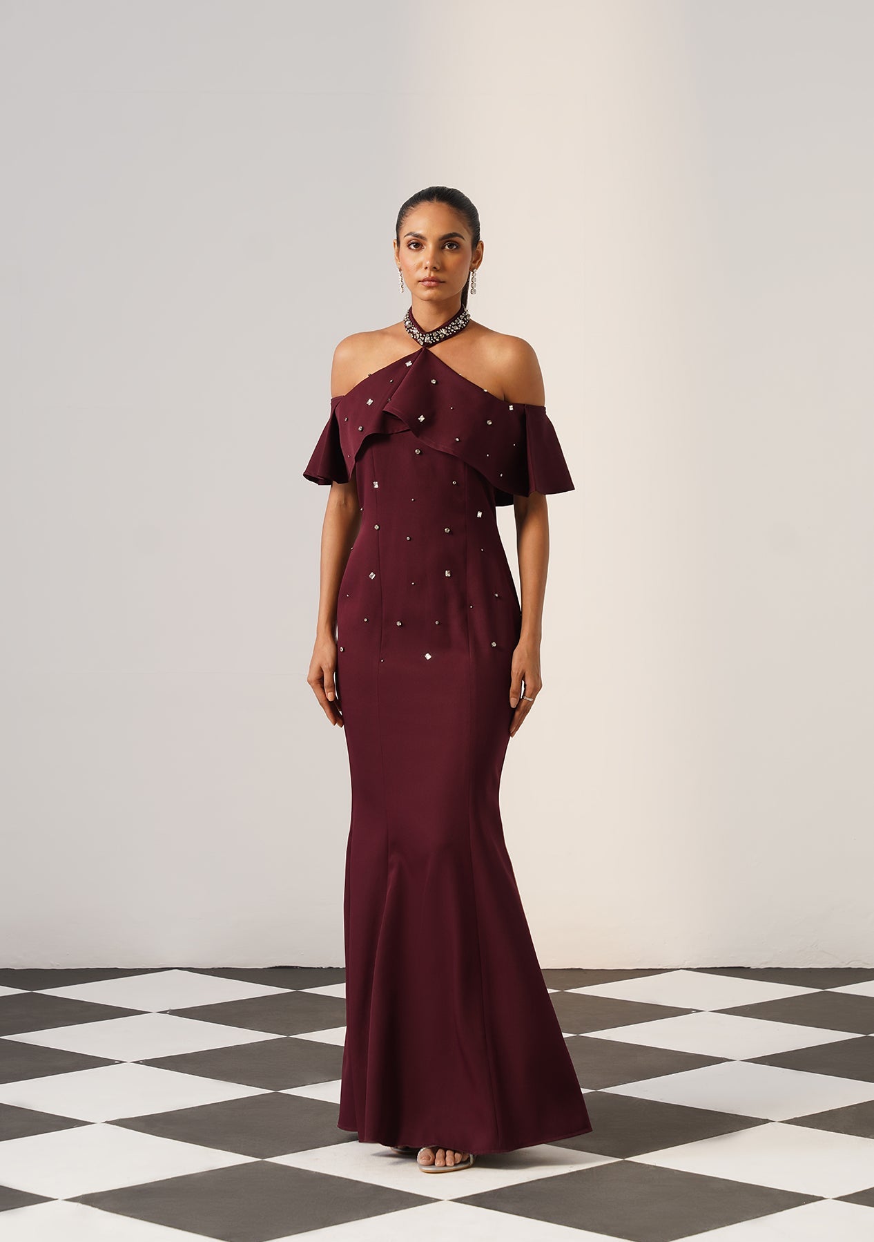 Elysia Rhinestone Gown Burgundy