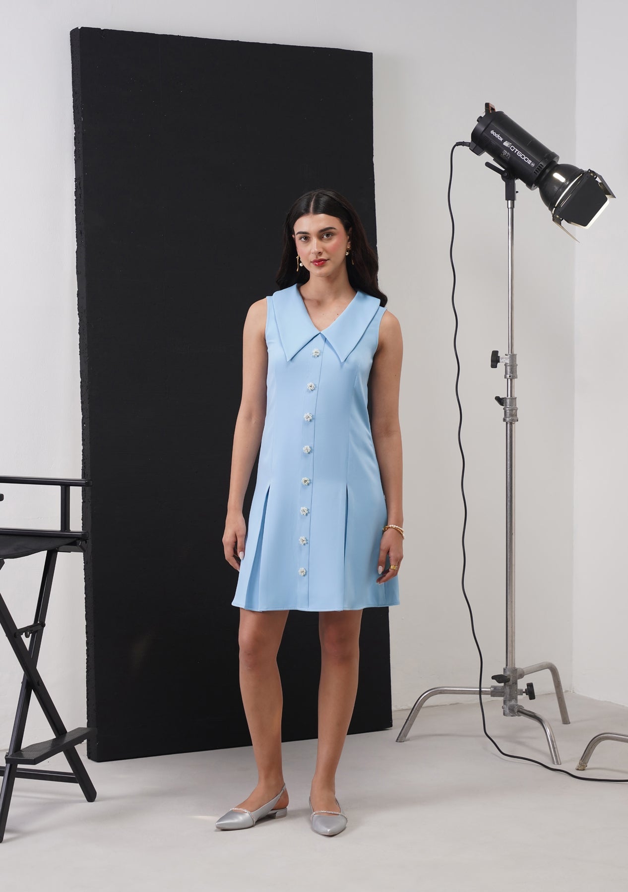 Eva Mini Dress With Embellished Flowers Powder Blue
