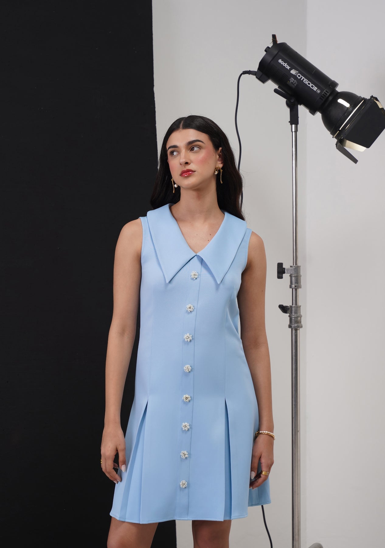 Eva Mini Dress With Embellished Flowers Powder Blue