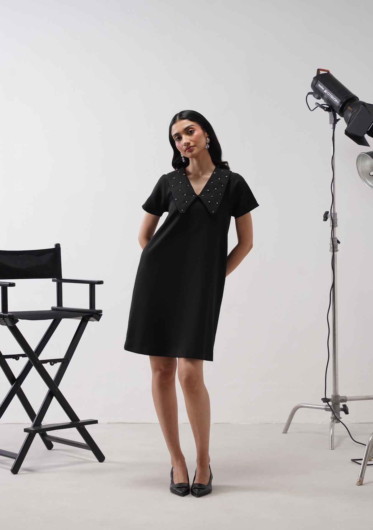 Flap Collar Dress With Embellished Pearls Black