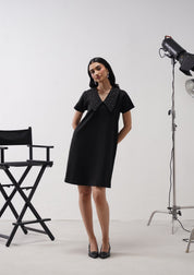 Flap Collar Dress With Embellished Pearls Black
