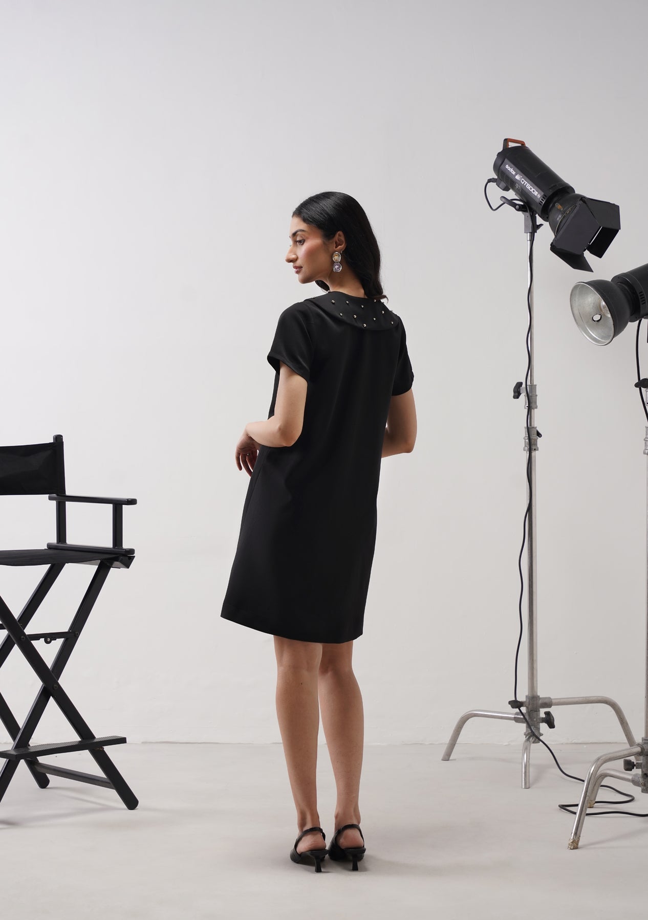 Flap Collar Dress With Embellished Pearls Black