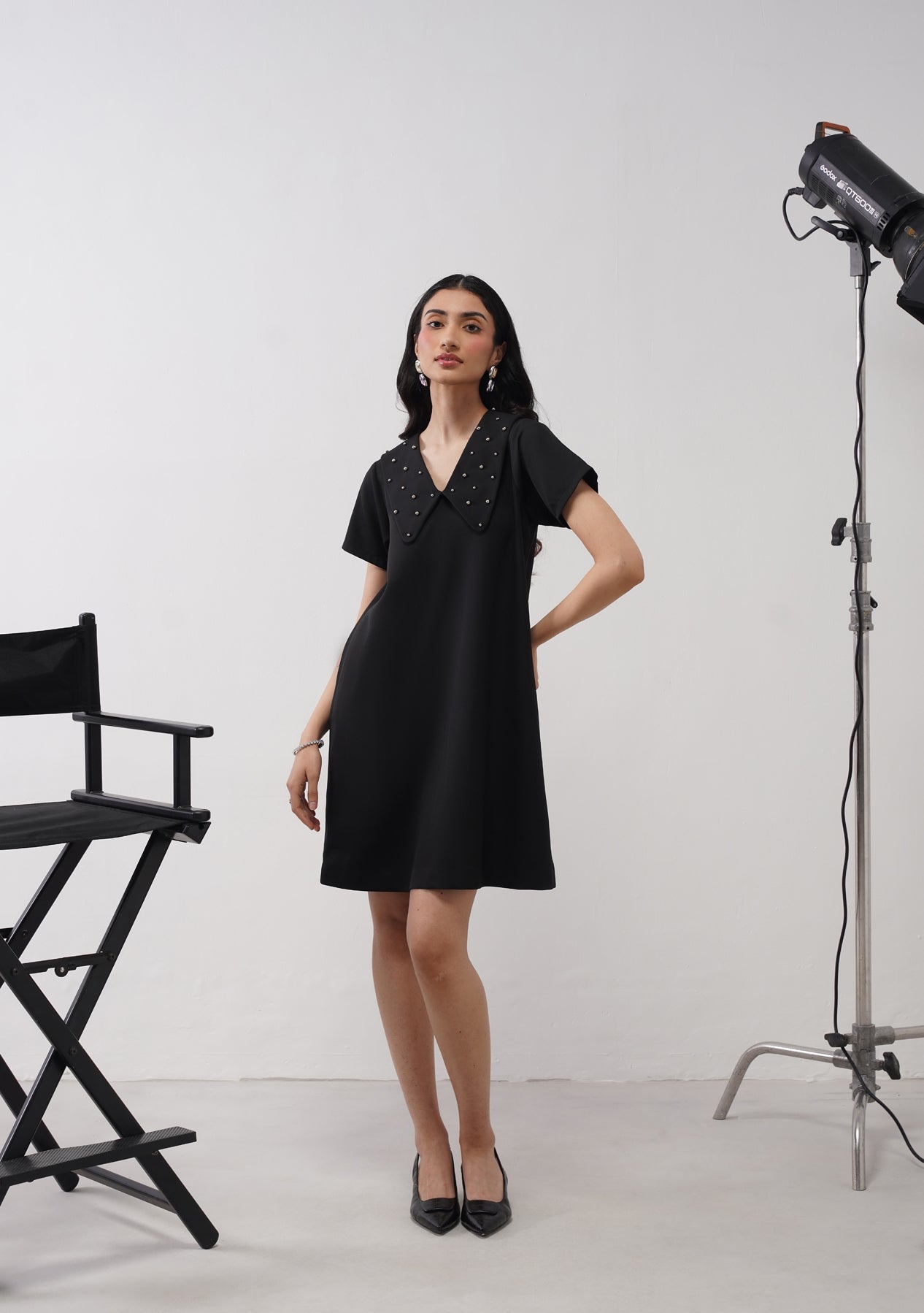 Flap Collar Dress With Embellished Pearls Black