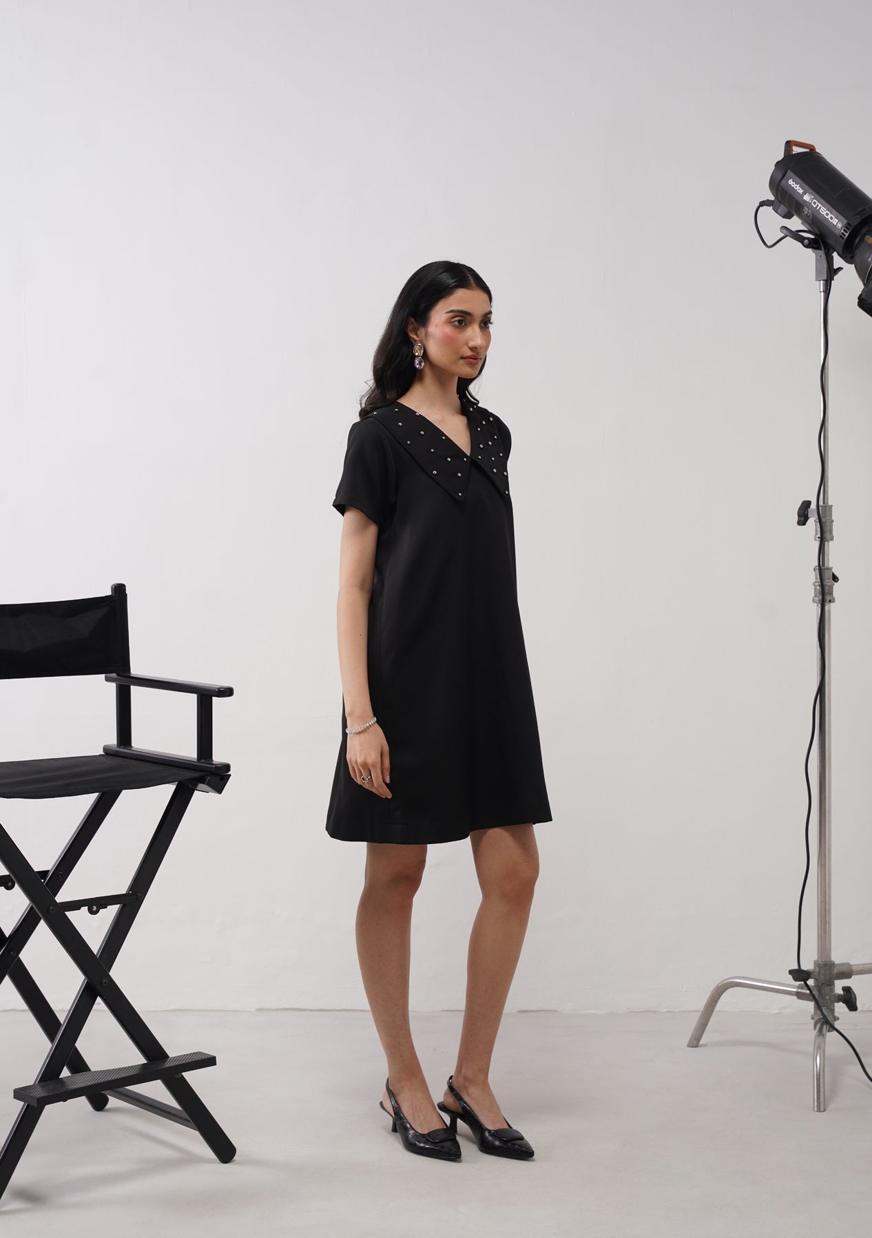 Flap Collar Dress With Embellished Pearls Black
