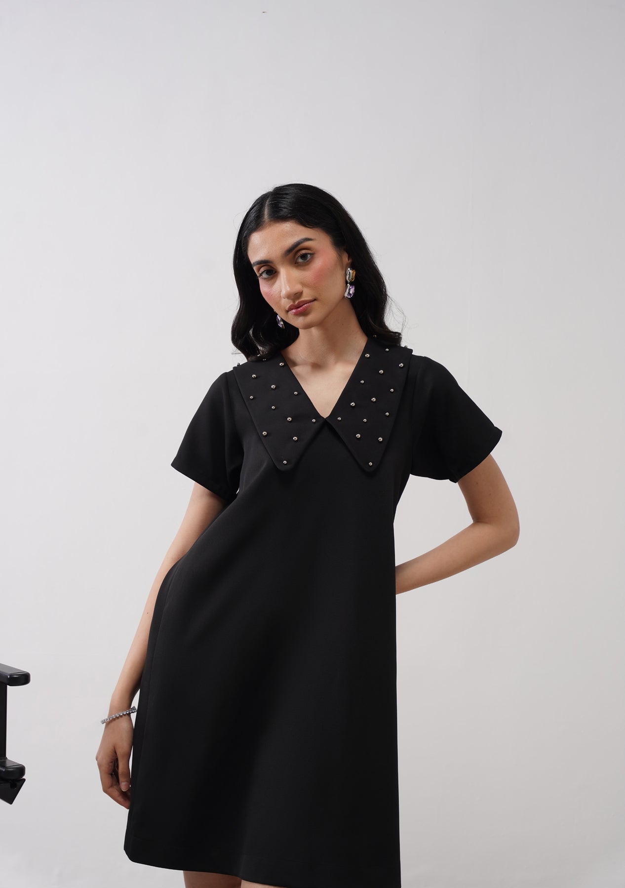 Flap Collar Dress With Embellished Pearls Black