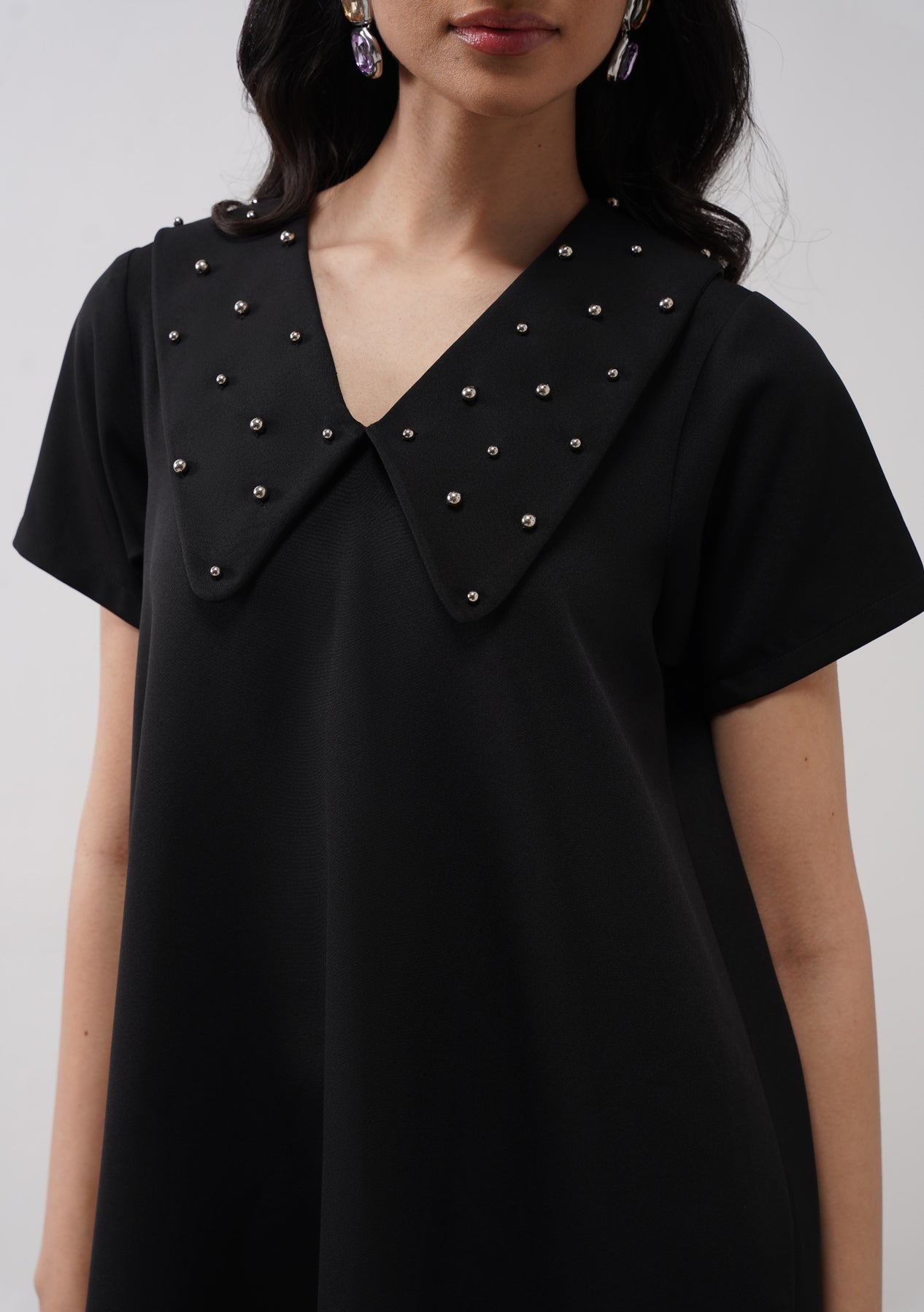 Flap Collar Dress With Embellished Pearls Black